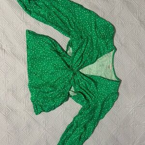 Green Tie Front Long Sleeve Blouse